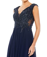 Women's Appliqued Cap Sleeve Bodice Flowy Gown