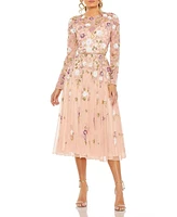 Women's Sequined Floral Long Sleeve High Neck Midi Dress