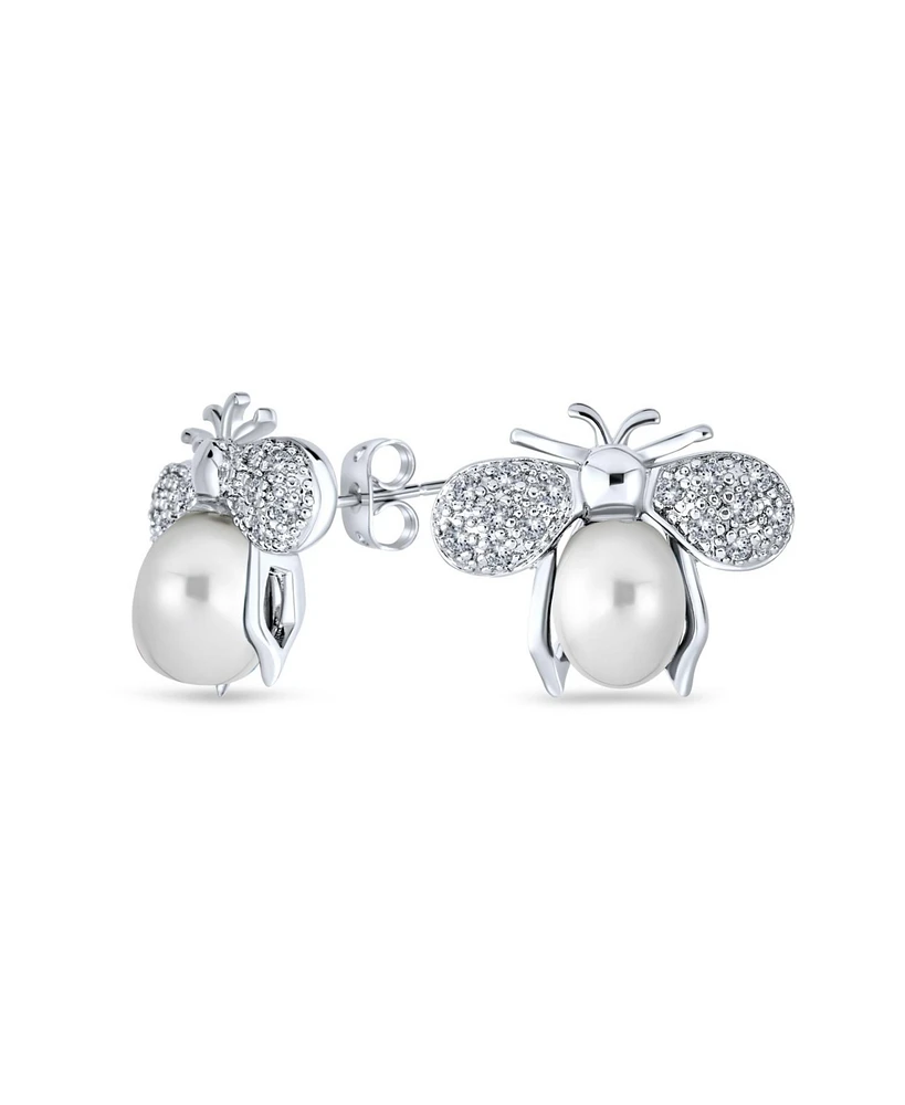 Bling Jewelry Art Deco Cz Stud Earrings with Jade and Pearl Bumble Bee Design