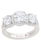 Suzy Levian Sterling Silver Cubic Zirconia White Three Stones Halo Center Stone Ring