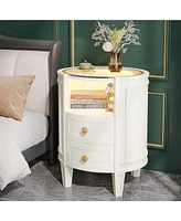 Tribesigns Oval Nightstand No Assembly, 2-Drawer Led Nightstand with Glass Tabletop,Modern White Nightstand Round Night Stand Side Table for Bedroom