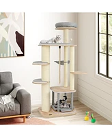 Modern Wooden Cat Tree with Perch, Condo & Hammock Stylish & Cozy Play Tower for Cats