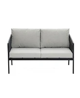 LuxenHome Outdoor Black Steel with Pe Rope Loveseat with Cushions and Coffee Table Set