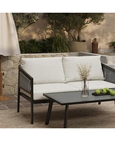 LuxenHome Outdoor Black Steel with Pe Rattan Loveseat with Cushions and Coffee Table Set