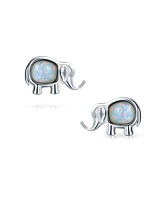 Bling Jewelry Lucky Dainty Created White Blue Opal Zoo Animal Lover Good Luck Elephant Dangle Stud Earrings .925 Sterling Silver Lever Back