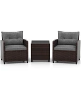 Gymax Set of 3 Rattan Furniture Patio Cushioned Conversation Sofa