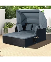 Patio Rattan Daybed with Retractable Canopy and Side Tables