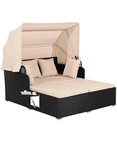 Patio Rattan Daybed with Retractable Canopy and Side Tables
