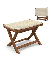 Folding Natural Rattan Ottoman with Hand-woven Seat
