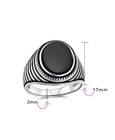 Bling Jewelry Retro Grooved Mens Silver Ring with Black Onyx Square Signet Sterling Silver Band