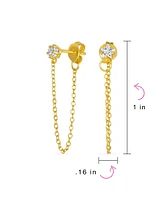 Bling Jewelry Minimalist 4MM Star Cz Stud Earrings with Delicate Chain in 14K Gold or Silver