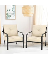 Gymax 2 Pcs Patio Dining Chairs Set with Padded Cushions Armrest Steel Frame