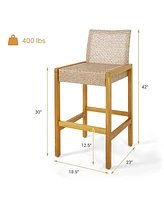 Gymax Wicker Bar Stools Set of 2 Patio Chairs w/ Solid Wood Frame Ergonomic Footrest