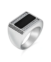 Bling Jewelry Mens Stainless Steel Geometric Greek Cz Accent Black Rectangle Signet Ring Silver Tone