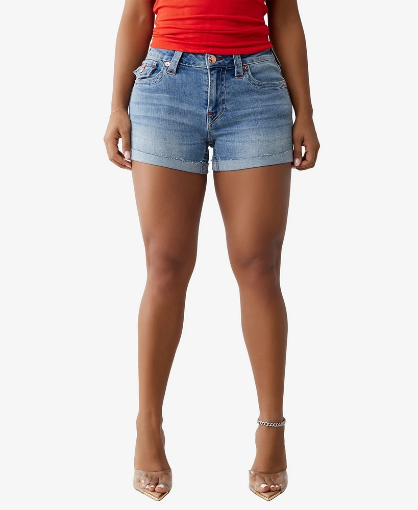 True Religion Women's Jennie Rolled Hem Flap Denim Shorts