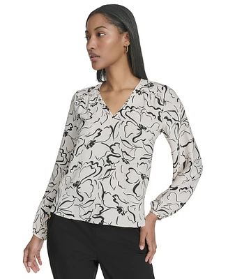 Halston Women's Printed Front-Yoke V-Neck Blouse