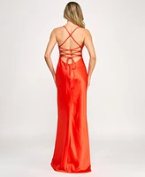 Seni & Cade Juniors' Satin Lace-Up Cutout Gown