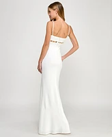 Seni & Cade Juniors' V-Neck Pearl Detailed Gown