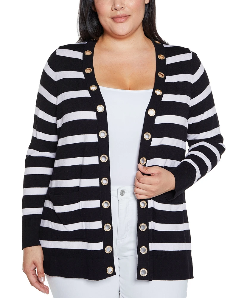 Belldini Plus Black Label Rhinestone Grommet Striped Open-Front Cardigan Sweater