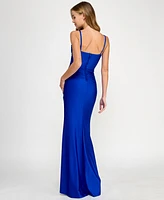 Seni & Cade Juniors' Satin Side-Slit Ruched Gown
