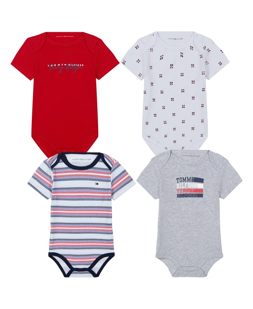 Tommy Hilfiger Baby Boys 4-Pack Signature Short Sleeve Bodysuits