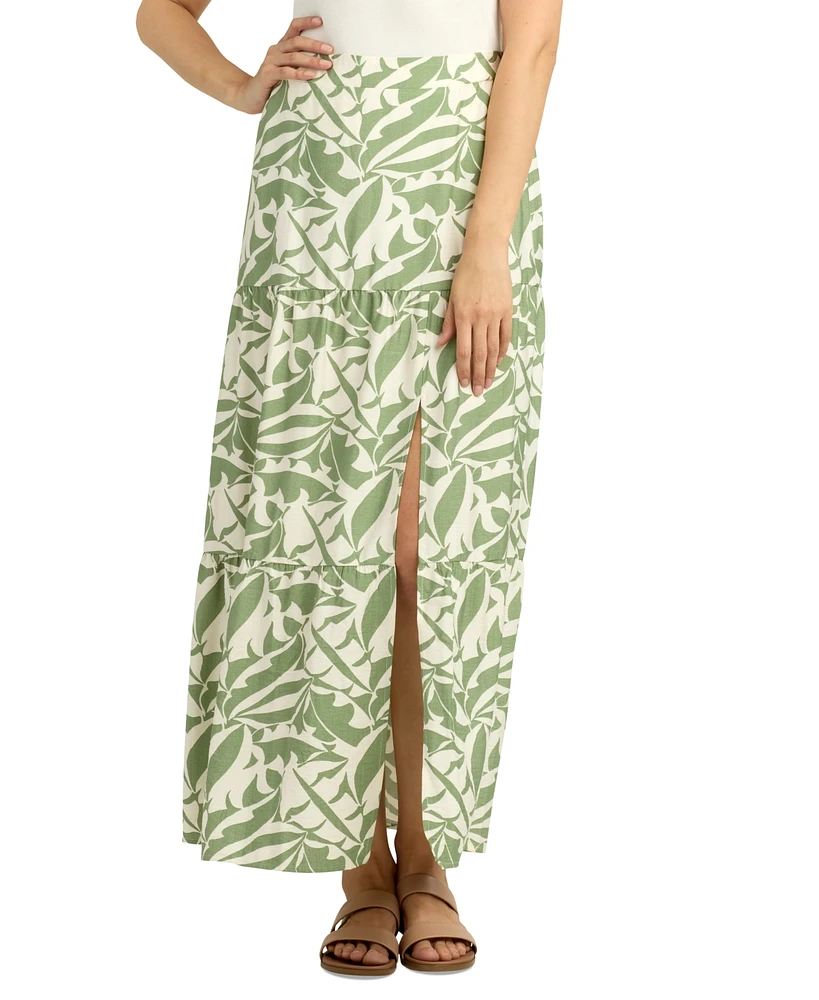 Bcx Juniors' Tiered Printed Side-Slit Maxi Skirt