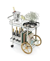 2-Tier Tempered Glass Bar Cart with 2 Large Aluminum Wheels and 2 Rolling Casters