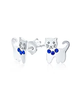 Bling Jewelry Mini Petite Blue Pink Crystal Cat Stud Earrings in Sterling Silver