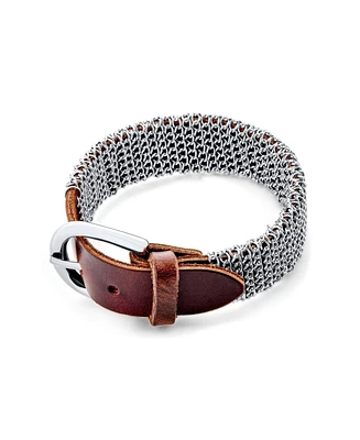 Bling Jewelry Hip Hop Wrap Bracelet Punk Rocker Metal Mesh Chain with Brown Leather Buckle