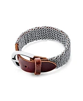 Bling Jewelry Hip Hop Wrap Bracelet Punk Rocker Metal Mesh Chain with Brown Leather Buckle