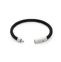 Bling Jewelry Black Woven Leather Cuff Bracelet with Stainless Barrel Clasp