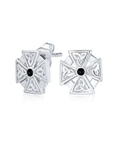 Bling Jewelry Unisex Black Stone Masonic Knight Templar Cross Stud Earrings in Sterling Silver