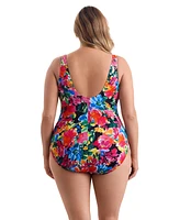 Longitude by Mimi Flamingo Blooming Bouquet Twist Drape Tank One Piece Swimsuit