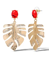 Jessica Simpson Gold-Tone Tropical Leaf Drop Earrings with Red Accents – Statement Earrings with Crystal Detailing