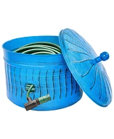 Decorative Metal Garden Hose Holder Pot with Lid - Uv-Resistant Blue Patina Finish - Holds up to 100-Foot Hose
