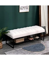 Modern Tufted Bench With Metal Shelf, Sherpa Upholstered Benches, Free Standing Shoe Organizer, End Of Bed Ottoman For Bedroom Living Room Entryway