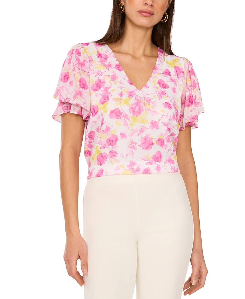 Vince Camuto Women's Floral-Print V-Neck Tulip-Sleeve Top