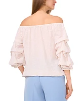 Vince Camuto Women's Sheer-Printed Off-The-Shoulder Bubble 3/4-Sleeve Tie-Front Blouse