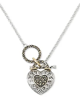 Marcasite Filigree Padlock Heart 18" Pendant Toggle Necklace in Sterling Silver & 18k Gold-Plate