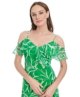London Times Petite Printed Cold-Shoulder Maxi Dress