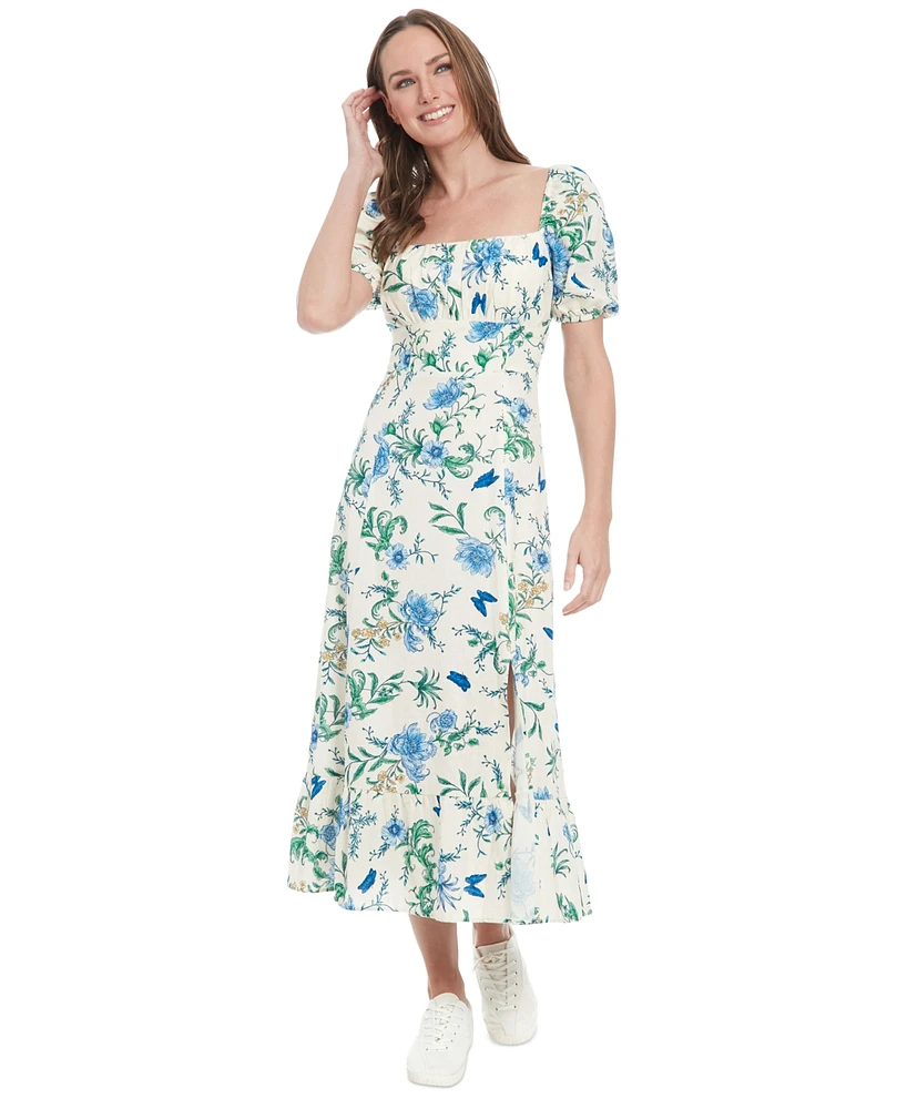 London Times Petite Linen-Blend Floral-Print Maxi Dress