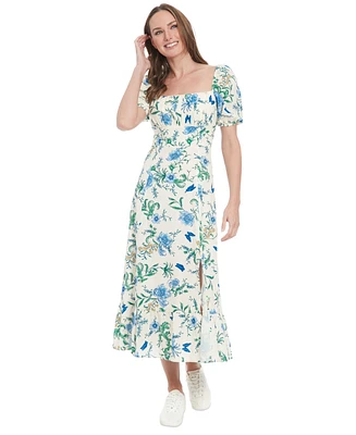 London Times Petite Linen-Blend Floral-Print Maxi Dress
