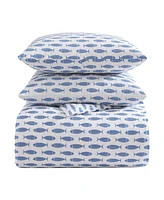 Nautica Woodblock Fish Percale 3-Pc. Duvet Cover Set