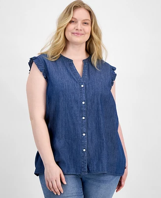 Tommy Hilfiger Plus Chambray Ruffle-Cuff Shirt