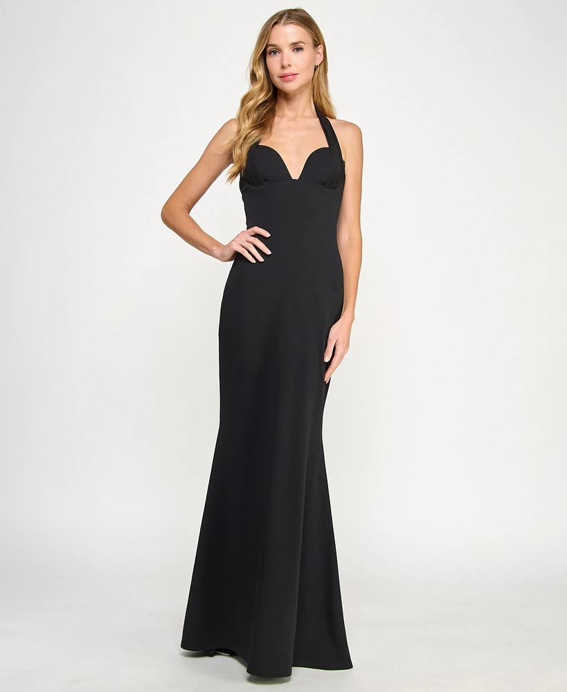 Seni & Cade Juniors' Plunging Black Halter Gown