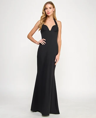Seni & Cade Juniors' Plunging Black Halter Gown
