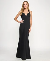 Seni & Cade Juniors' Plunging Black Halter Gown