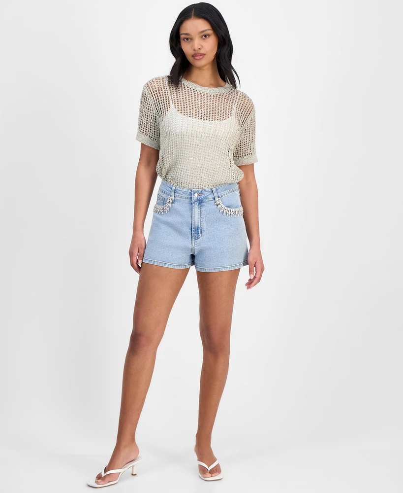 Bar Iii Women's Rhinestone-Pocket Denim Shorts, Exclusively at Macy's