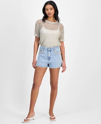 Bar Iii Women's Rhinestone-Pocket Denim Shorts, Exclusively at Macy's