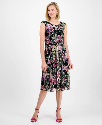 Connected Women's Floral Chiffon Tie-Waist Midi Dress